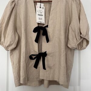 Zara Beige Blouse with Black Bow Details
